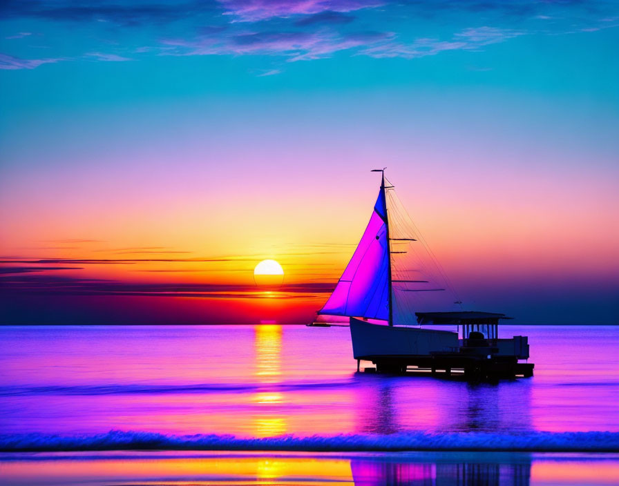 Vibrant pink sailboat on calm sea at sunset