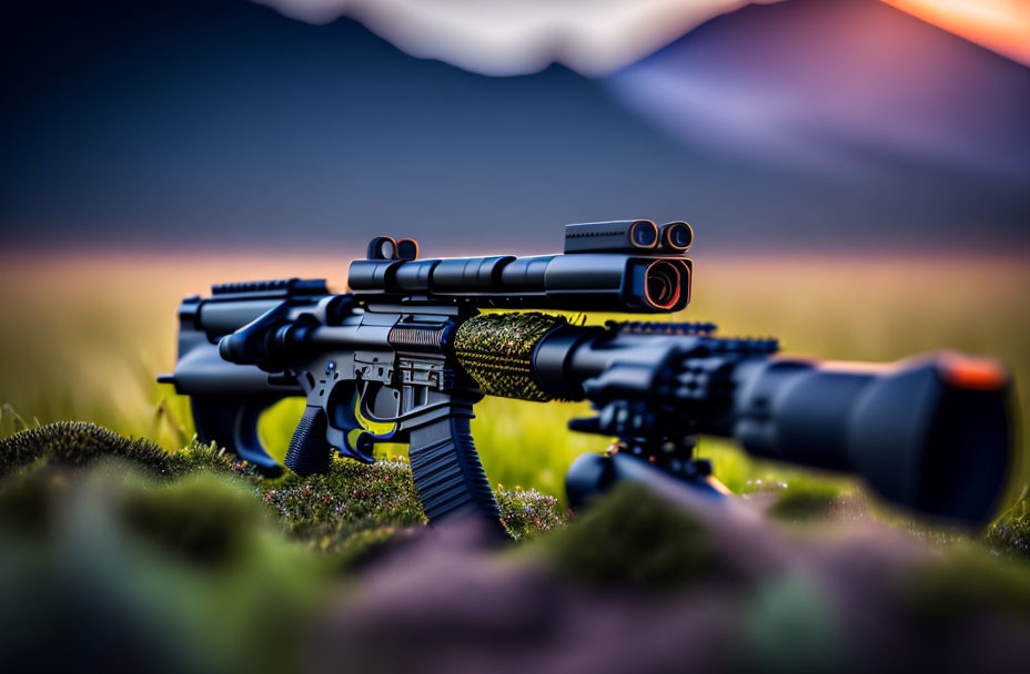 Scoped rifle on mossy ground with mountain backdrop at dusk