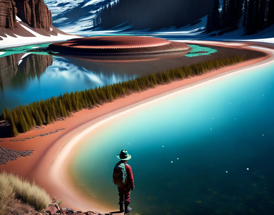 Person in hat by surreal multicolored river with sandbanks and trees under blue sky