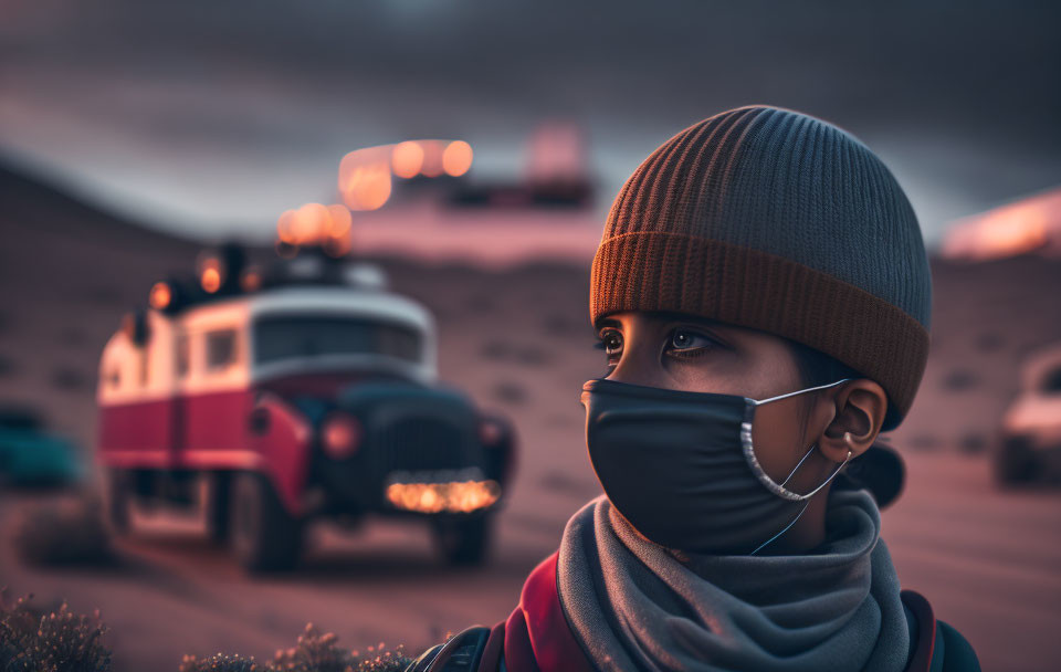 Child in beanie and face mask by vintage bus in desert twilight.