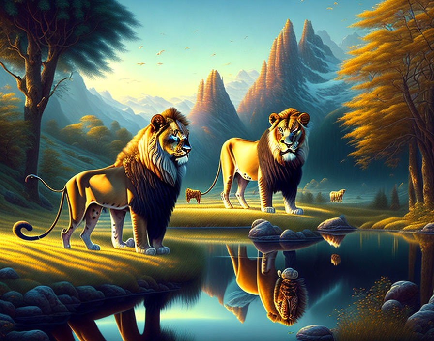 Majestic lions by serene lake in tranquil forest & mountains