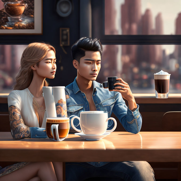 Modern cafe scene with stylish animated characters enjoying coffee