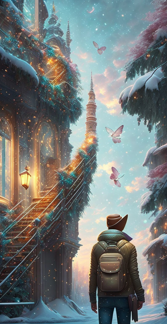 Person with backpack in snowy street gazes at magical cityscape with butterflies, streetlights, and snow