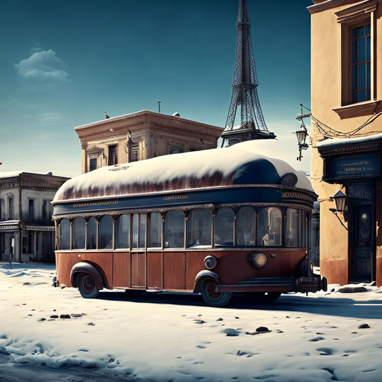 Snow-covered vintage tram on old-style street with Eiffel Tower backdrop.