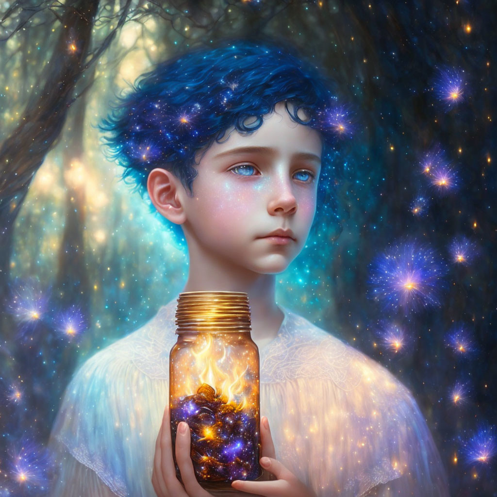 Child with Blue Hair Holding Glowing Galaxy Jar in Mystical Forest