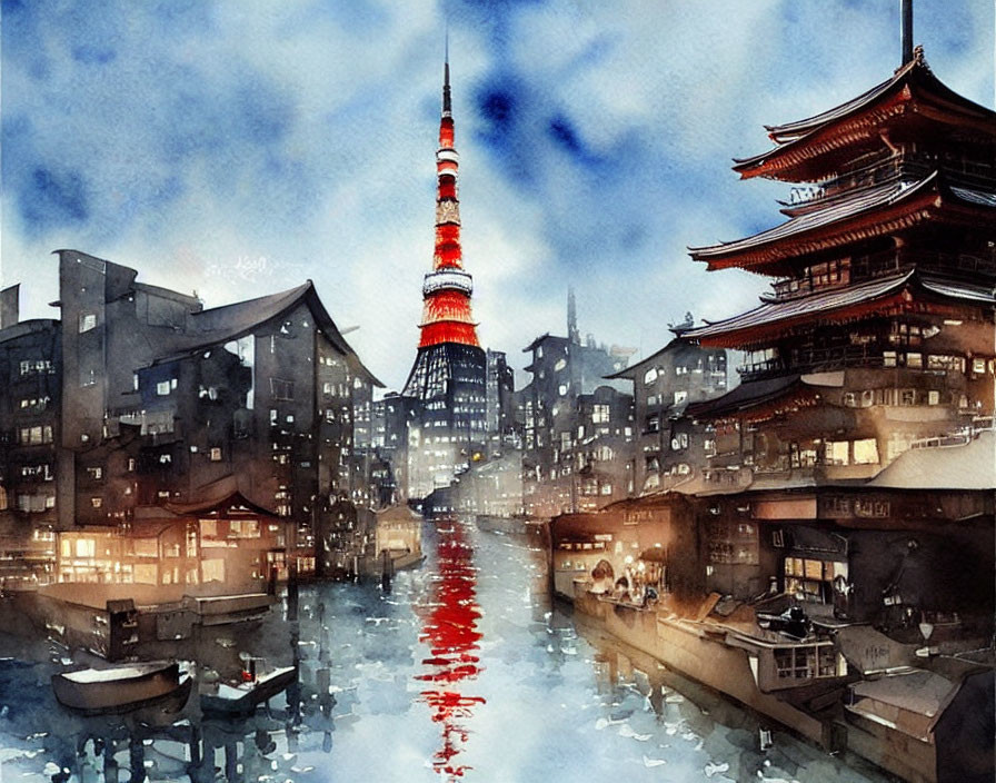 Japanese cityscape watercolor painting with Tokyo Tower and pagoda by river.