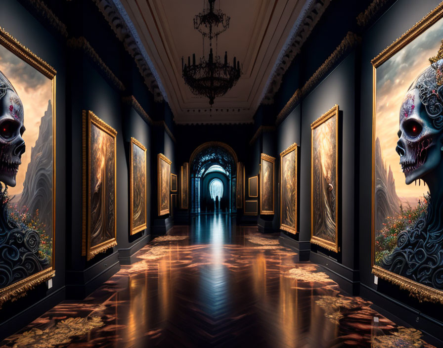 Dark, Moody Gallery with Surreal Skull Paintings & Grand Chandelier