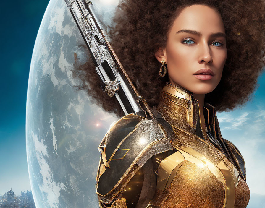 Curly Haired Woman in Futuristic Golden Armor on Planet Background