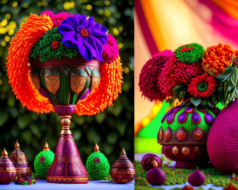 Colorful Floral Arrangement with Orange and Purple Flower in Ornate Bowl