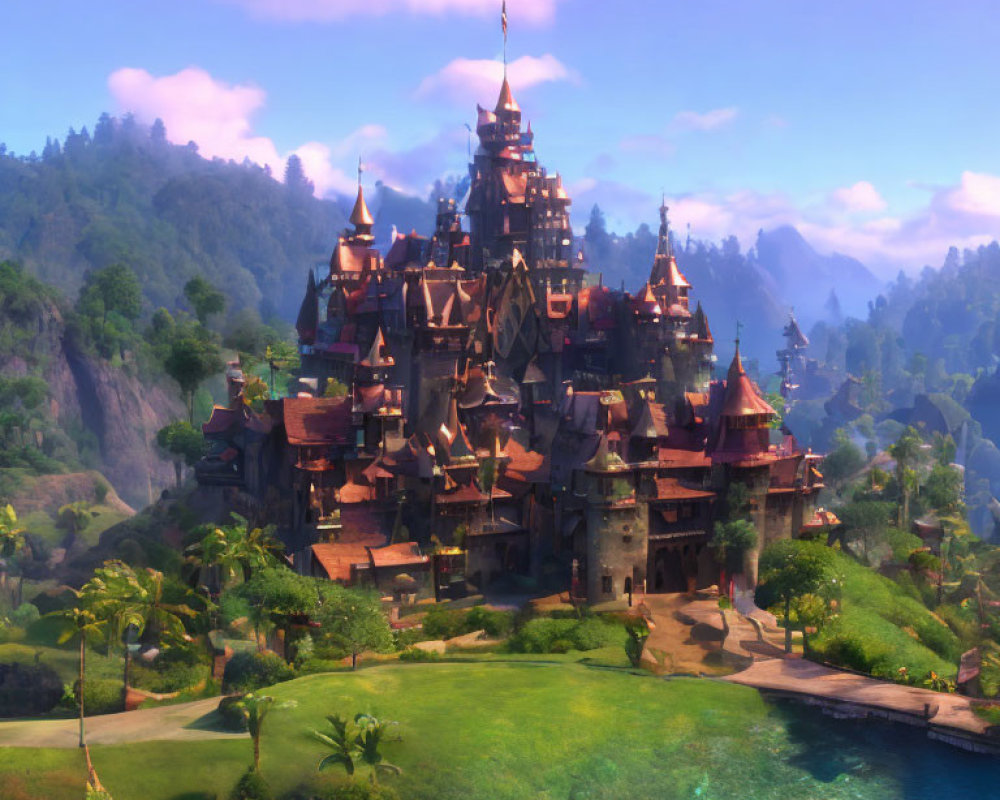 Fairytale castle in lush greenery with mountains and blue sky