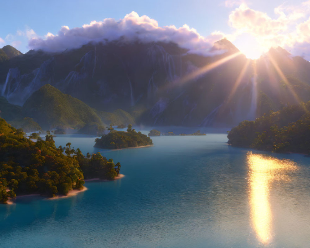 Tranquil lake at sunrise with forested islands and mountain backdrop