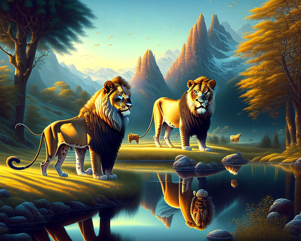 Majestic lions by serene lake in tranquil forest & mountains