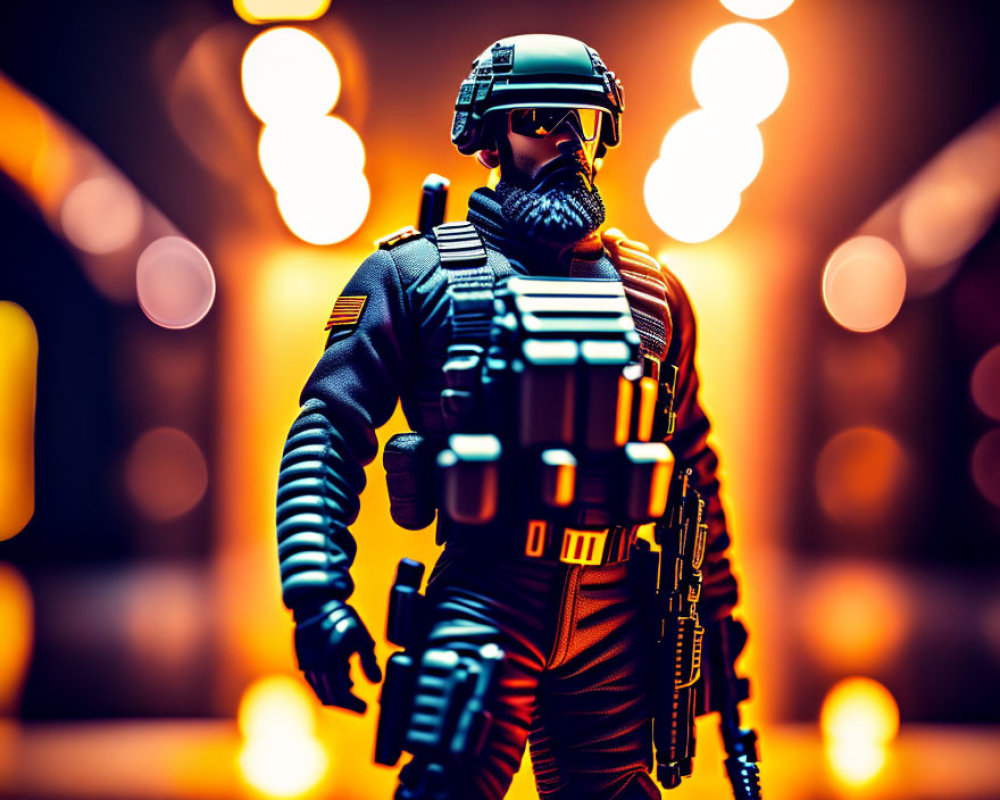 Soldier Action Figure in Tactical Gear on Vibrant Orange Background