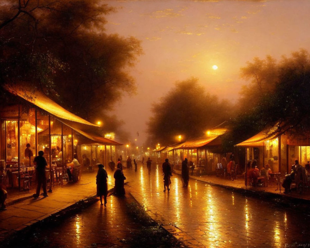 Night scene with people strolling by illuminated shops on wet street under glowing moon