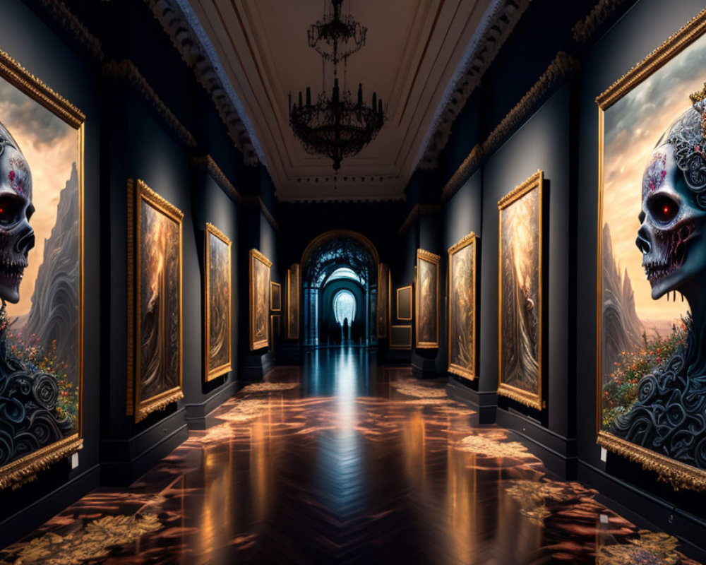 Dark, Moody Gallery with Surreal Skull Paintings & Grand Chandelier