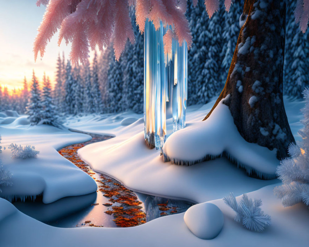 Winter Scene: Snow-covered Landscape with Frosted Trees and Meandering Stream