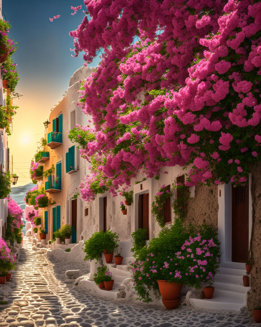 Charming cobblestone street with white buildings, pink flowers, blue doors, and potted plants