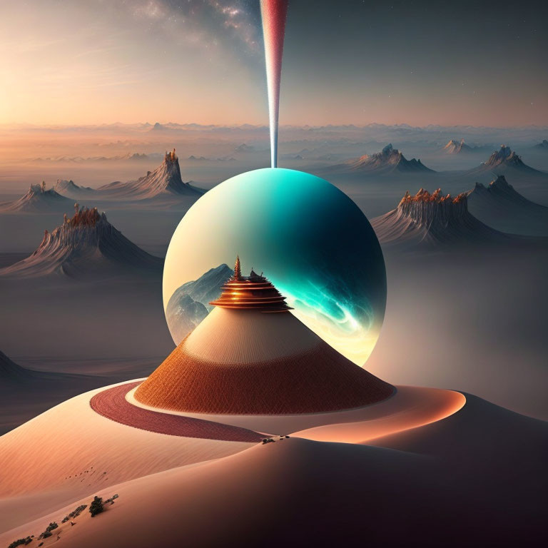 Surreal landscape with temple on dune under cosmic sphere and mountains