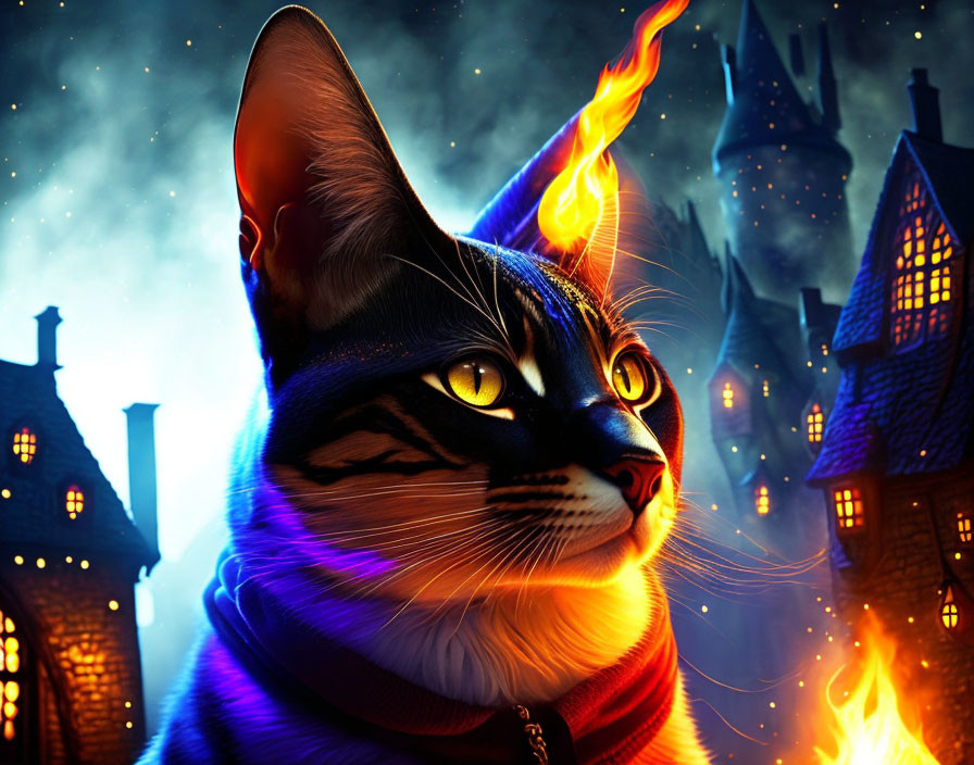 Digital Artwork: Cat with Fire Ears & Mystical Castle Night Scene