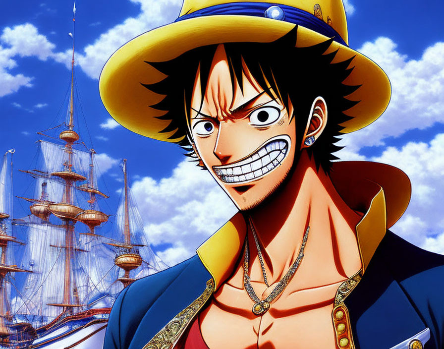 Animated character with straw hat and scar smiles against sunny sky and sailing ship