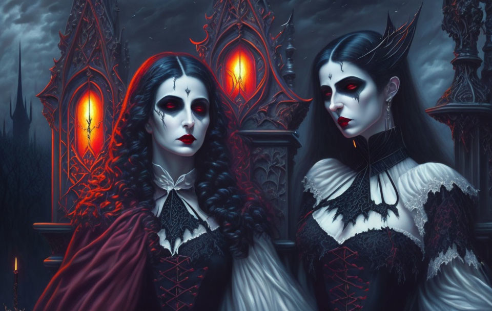 Gothic women with pale skin by eerie castle in haunting scene