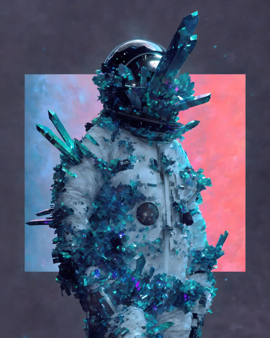 Crystal-adorned astronaut figure in pink and blue cosmic setting