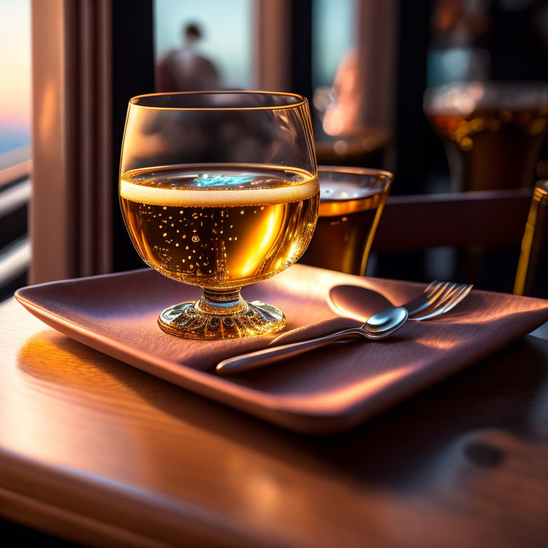 Amber liquid glass on coaster with spoon in warm-lit room