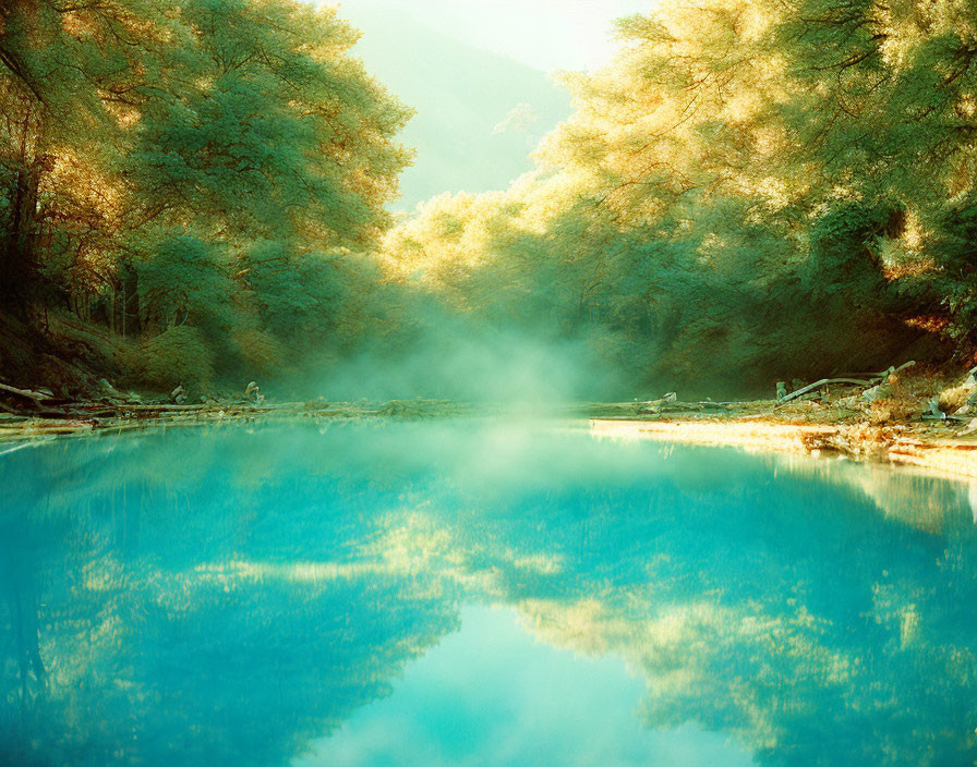 Tranquil forest with misty blue lake and golden trees