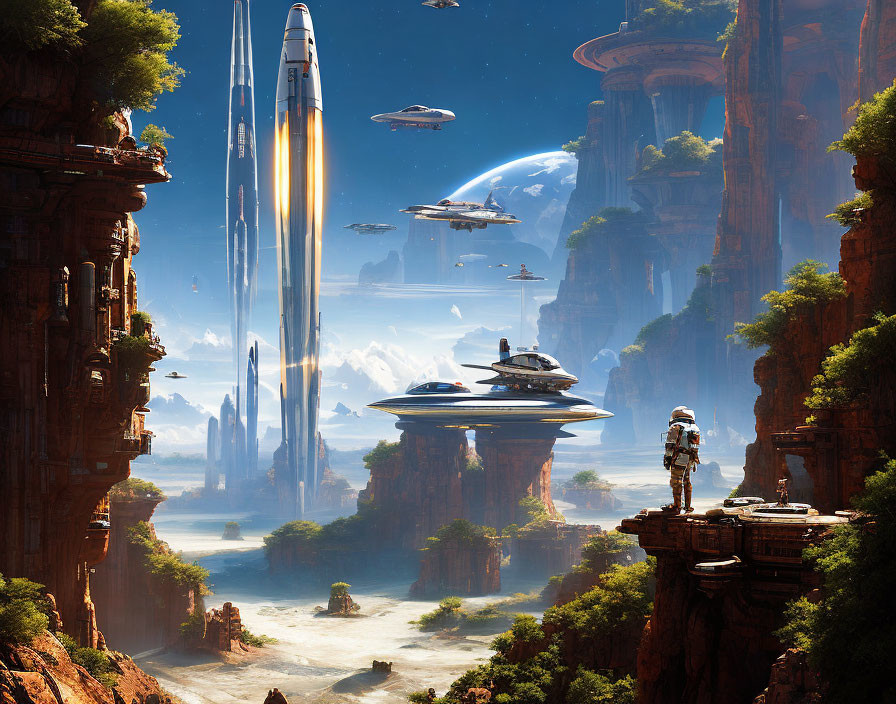 Futuristic cityscape with towering structures and flying vehicles amid rocky formations and lush valley.