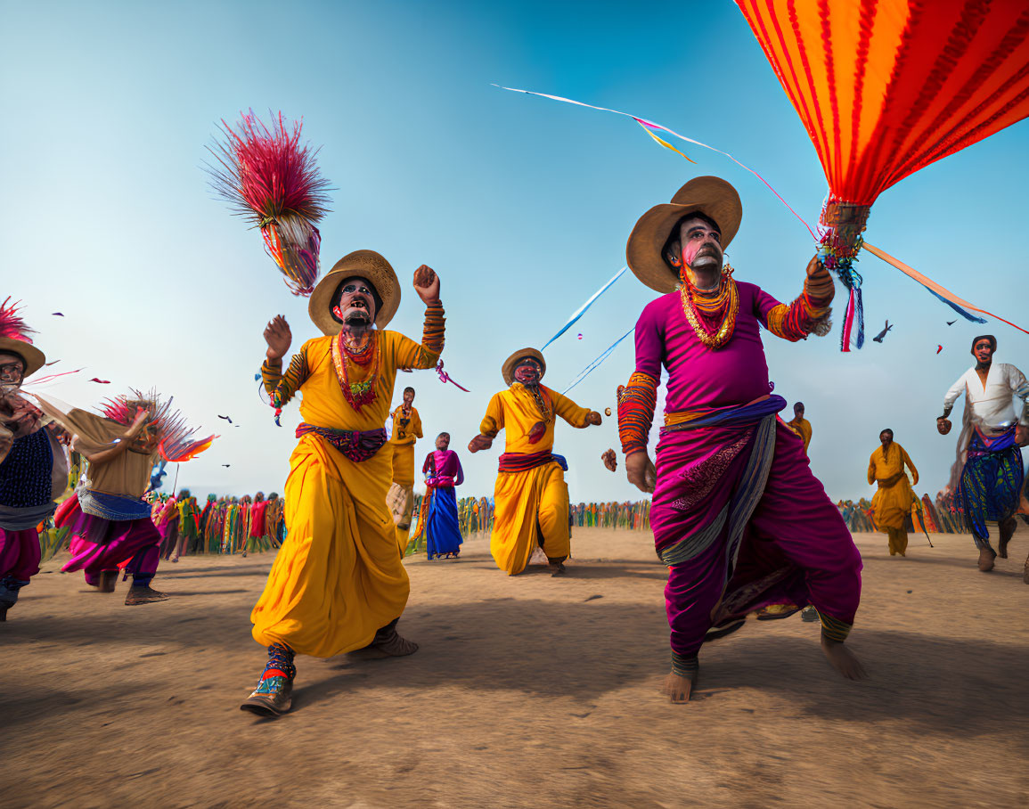 Colorful traditional dance with performers in vibrant costumes under blue sky