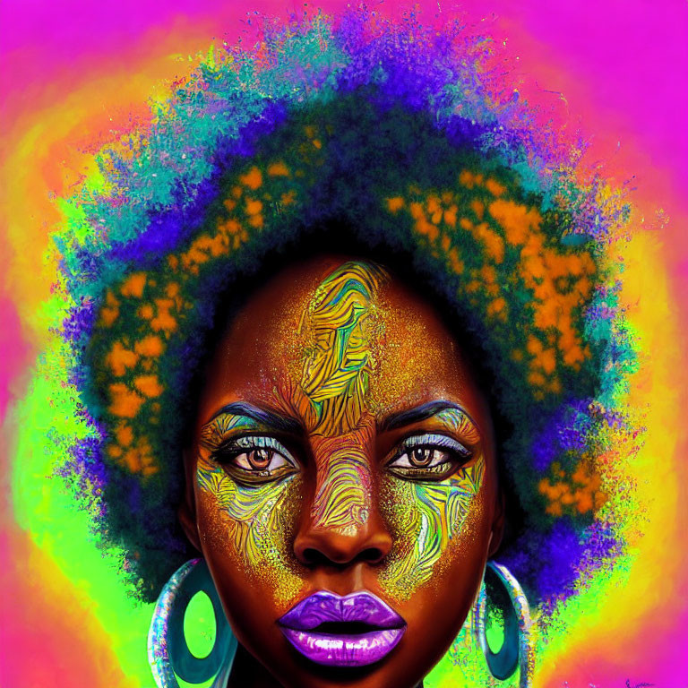 Colorful digital artwork features woman with afro and tribal face paint on neon background