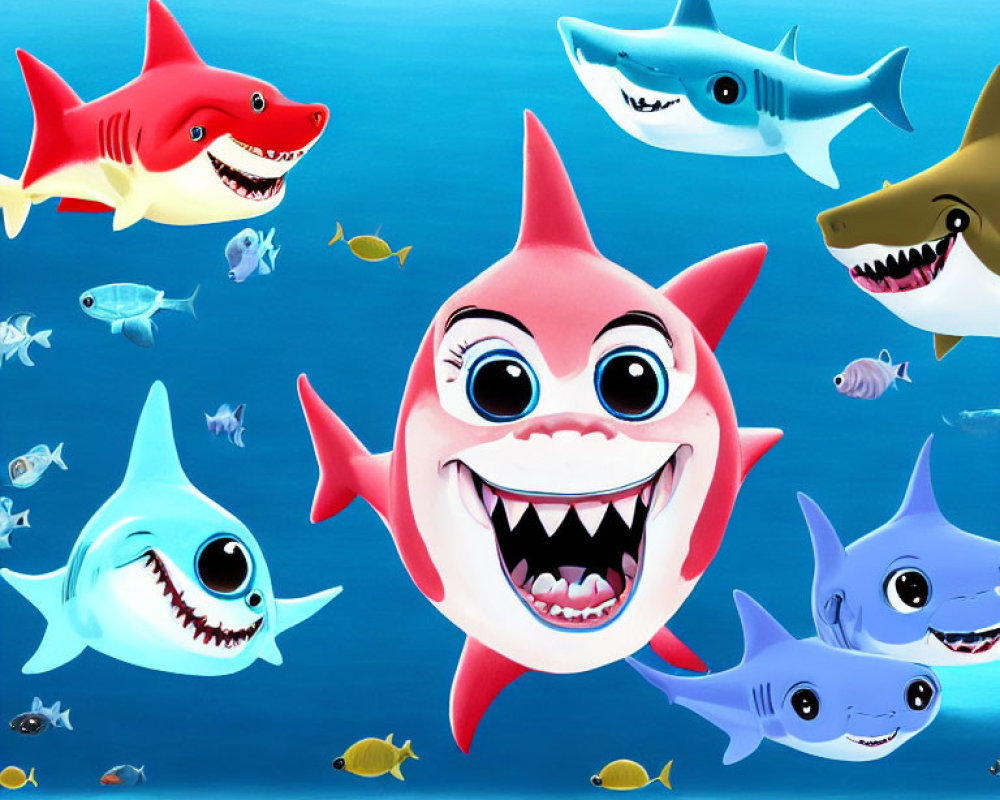 Vibrant Cartoon Sharks and Small Fish in Blue Underwater Scene