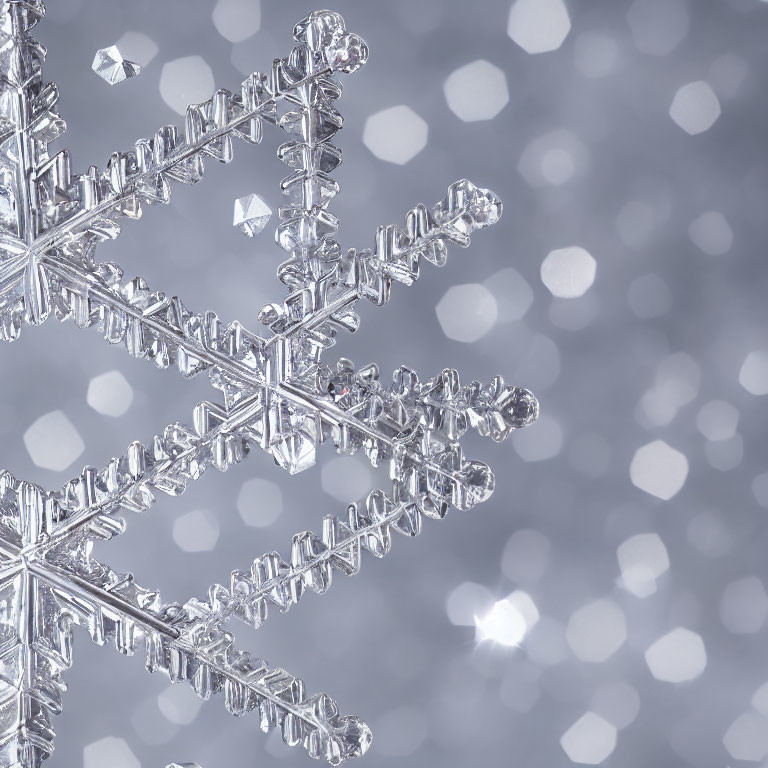 Detailed close-up: intricate snowflake crystal on white bokeh background