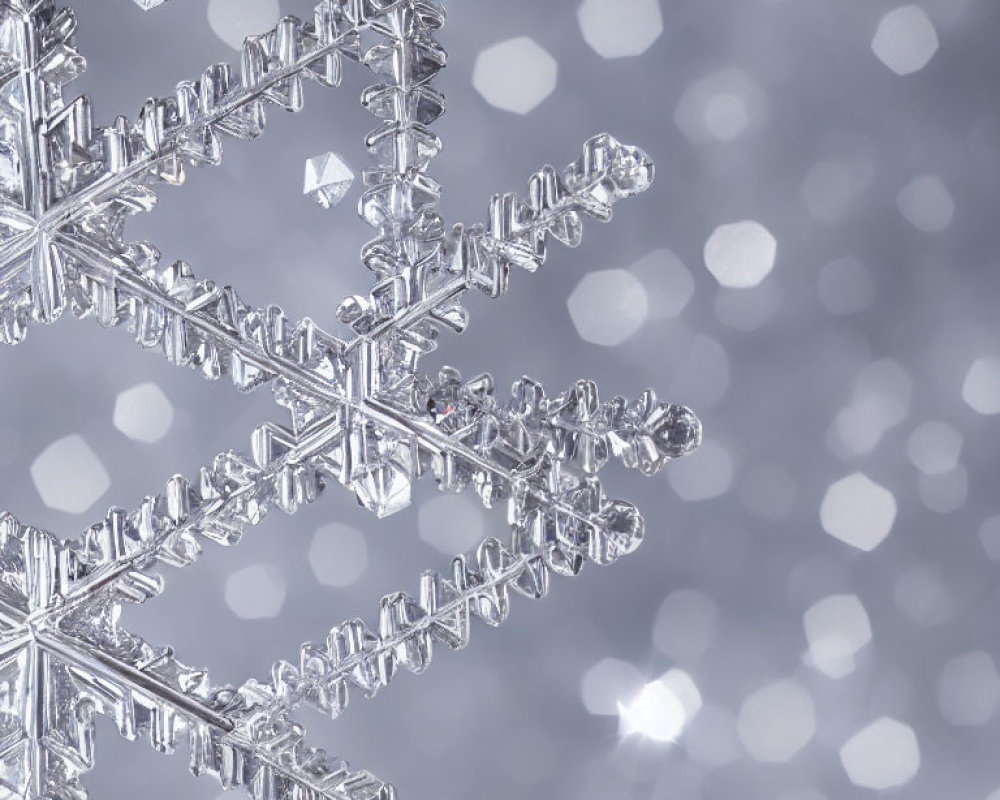 Detailed close-up: intricate snowflake crystal on white bokeh background