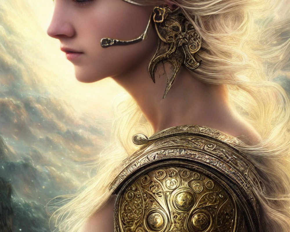 Fantasy digital art of woman with blonde hair and golden armor