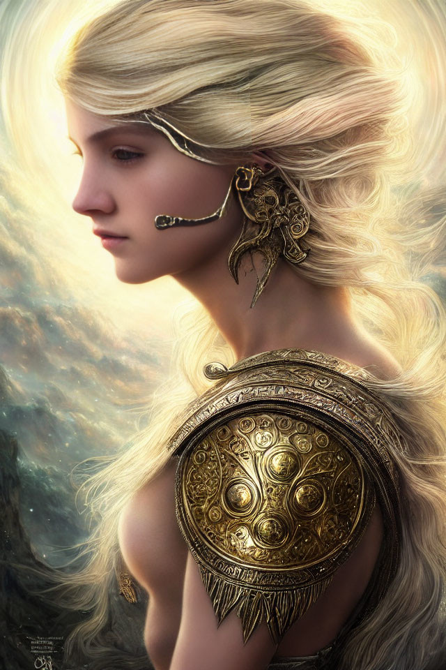 Fantasy digital art of woman with blonde hair and golden armor