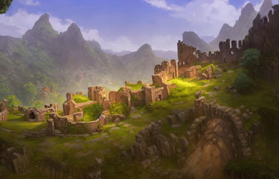 Digital artwork: Ancient ruins in lush greenery with mountains under a sunlit sky