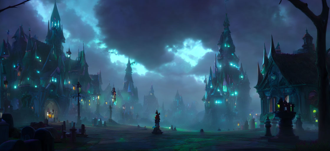 Gothic town at night: eerie blue light, silhouetted spires, foggy