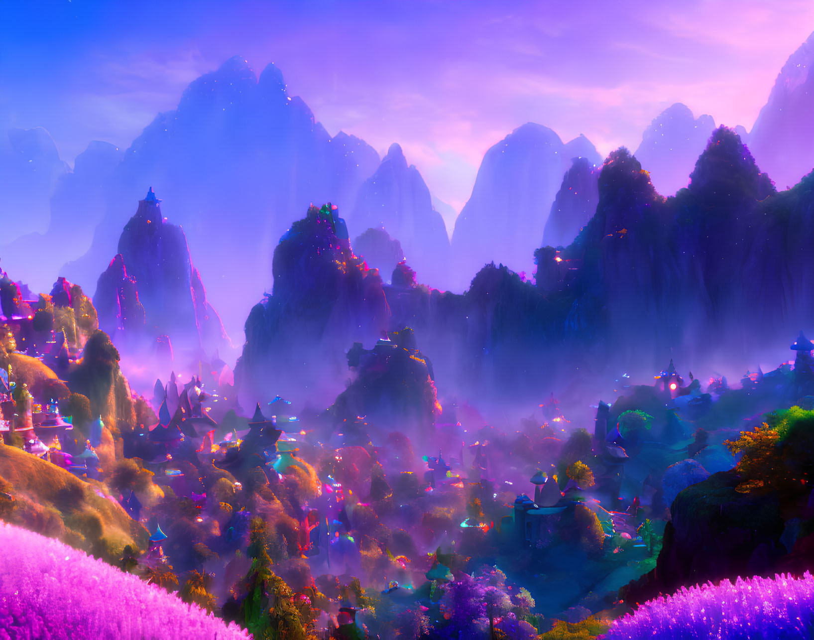 Fantasy landscape with purple flora and mystical structures