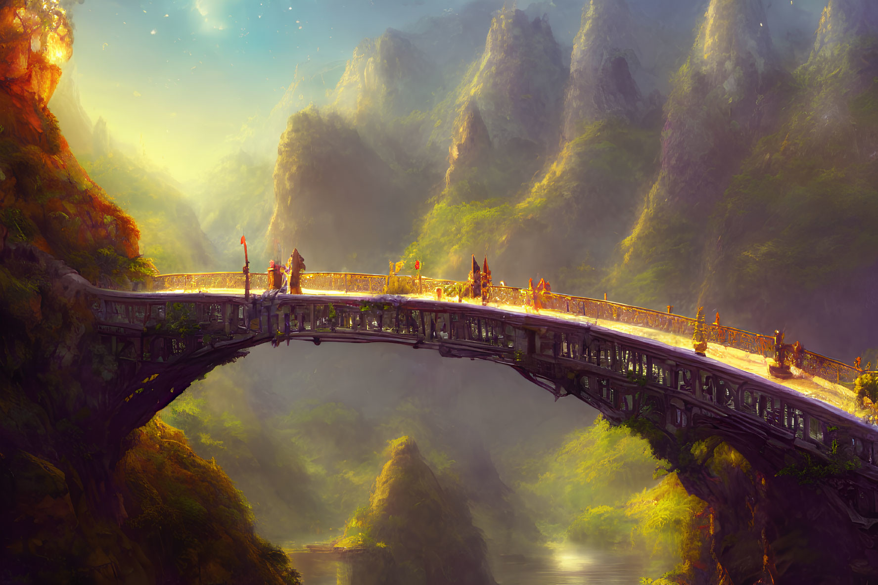 Stone bridge over river with mountains and figures admiring view