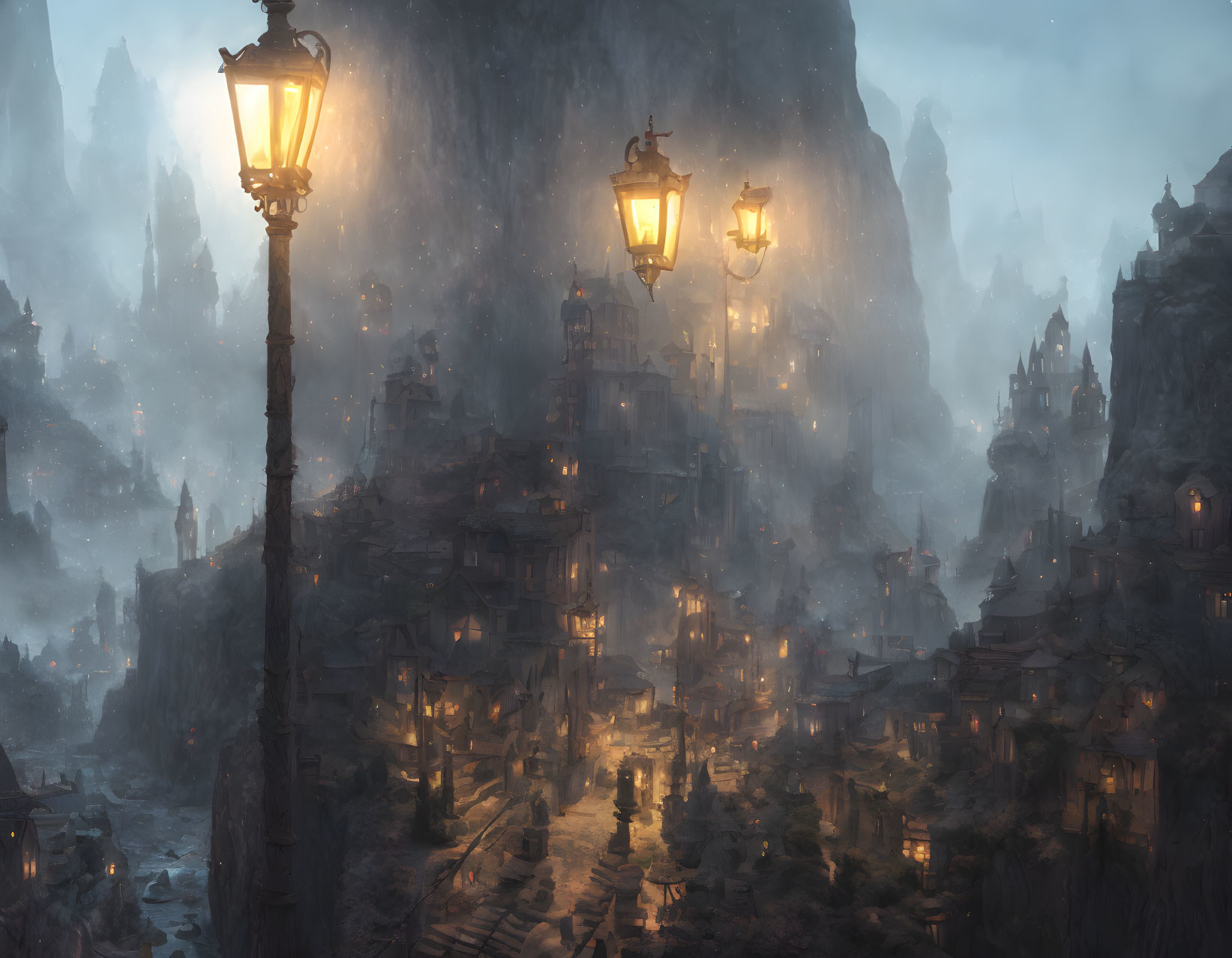 Mystical mountain village with glowing lanterns in the mist