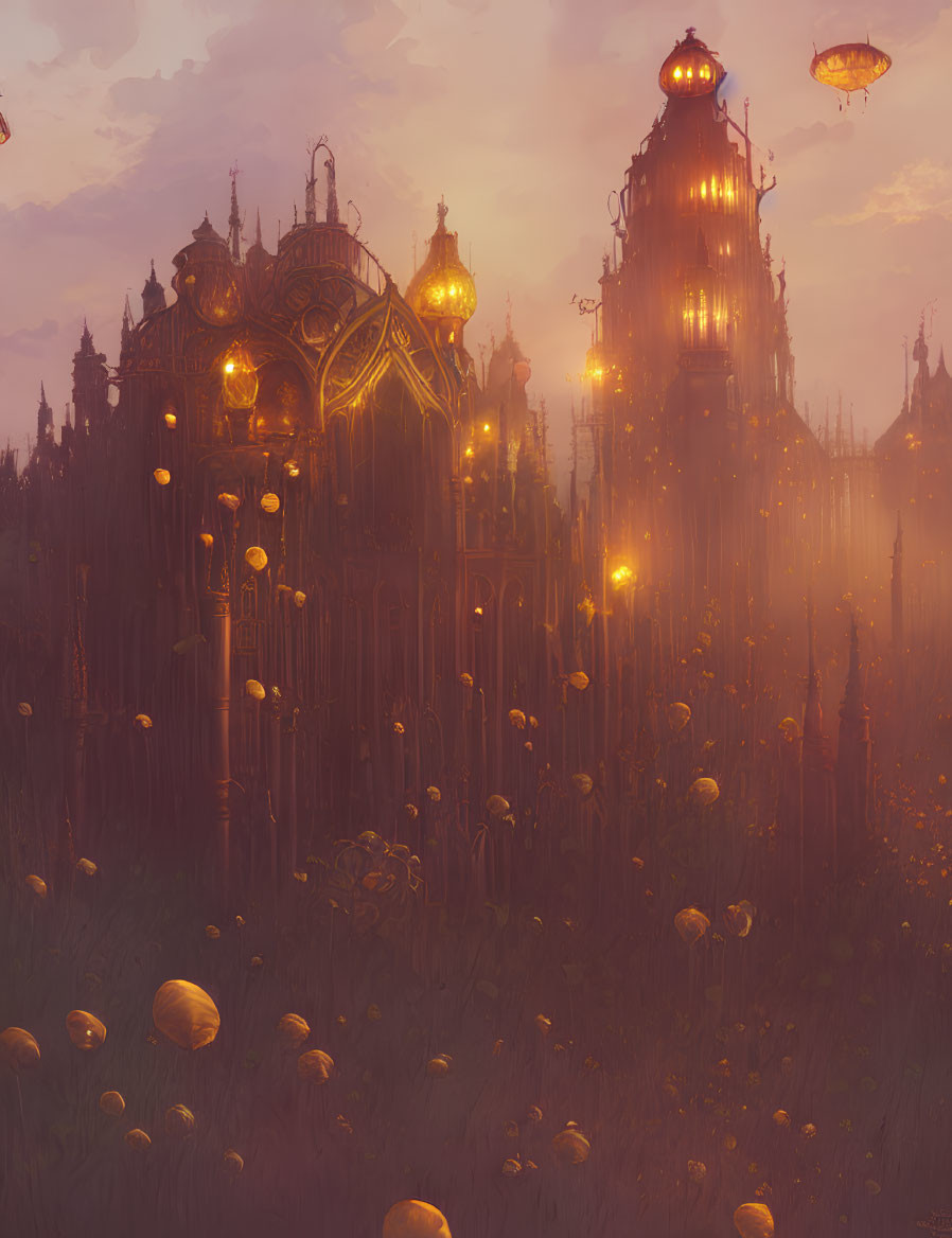 Gothic structures in fantastical dusk landscape