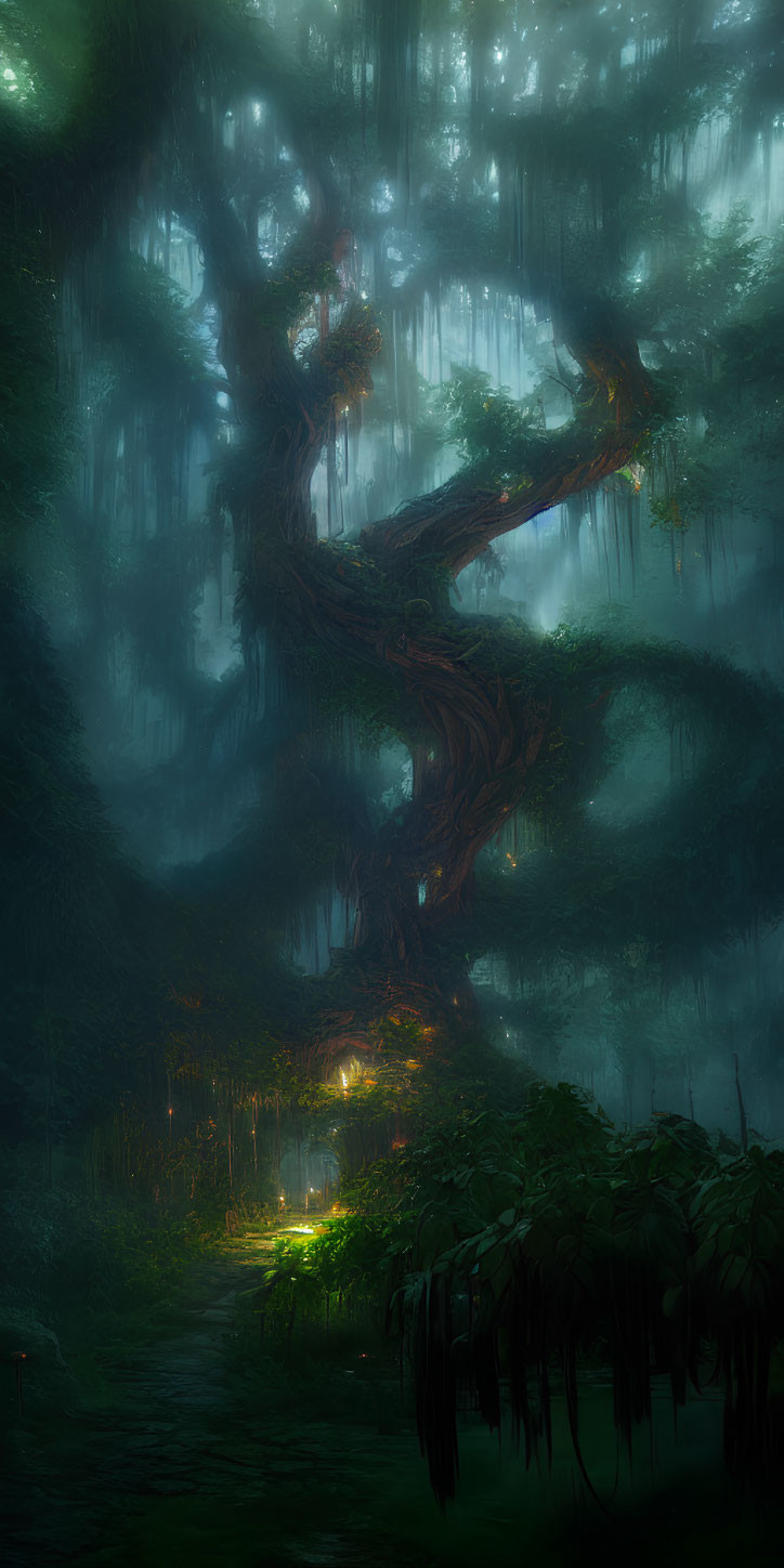 Ethereal forest scene with twisted tree, hanging vines, glowing lights, and mysterious fog