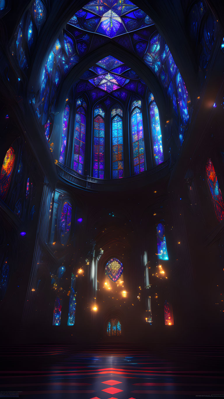 Gothic Cathedral Interior with Stained Glass Windows & Vaulted Ceilings