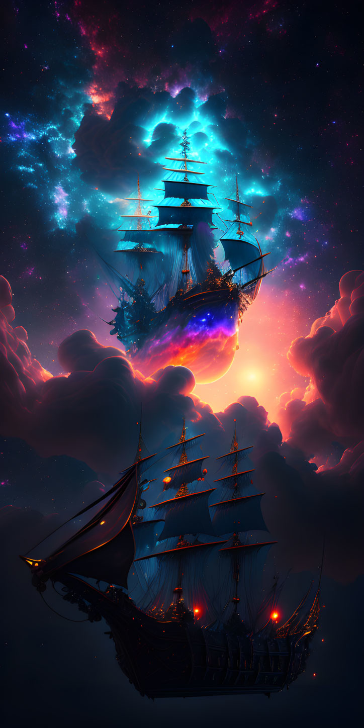 Fantastical ship sailing through cosmic sky and stars