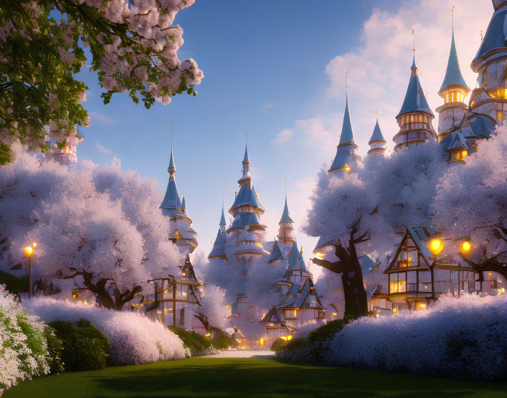 Majestic castle amidst cherry blossoms and sunset glow