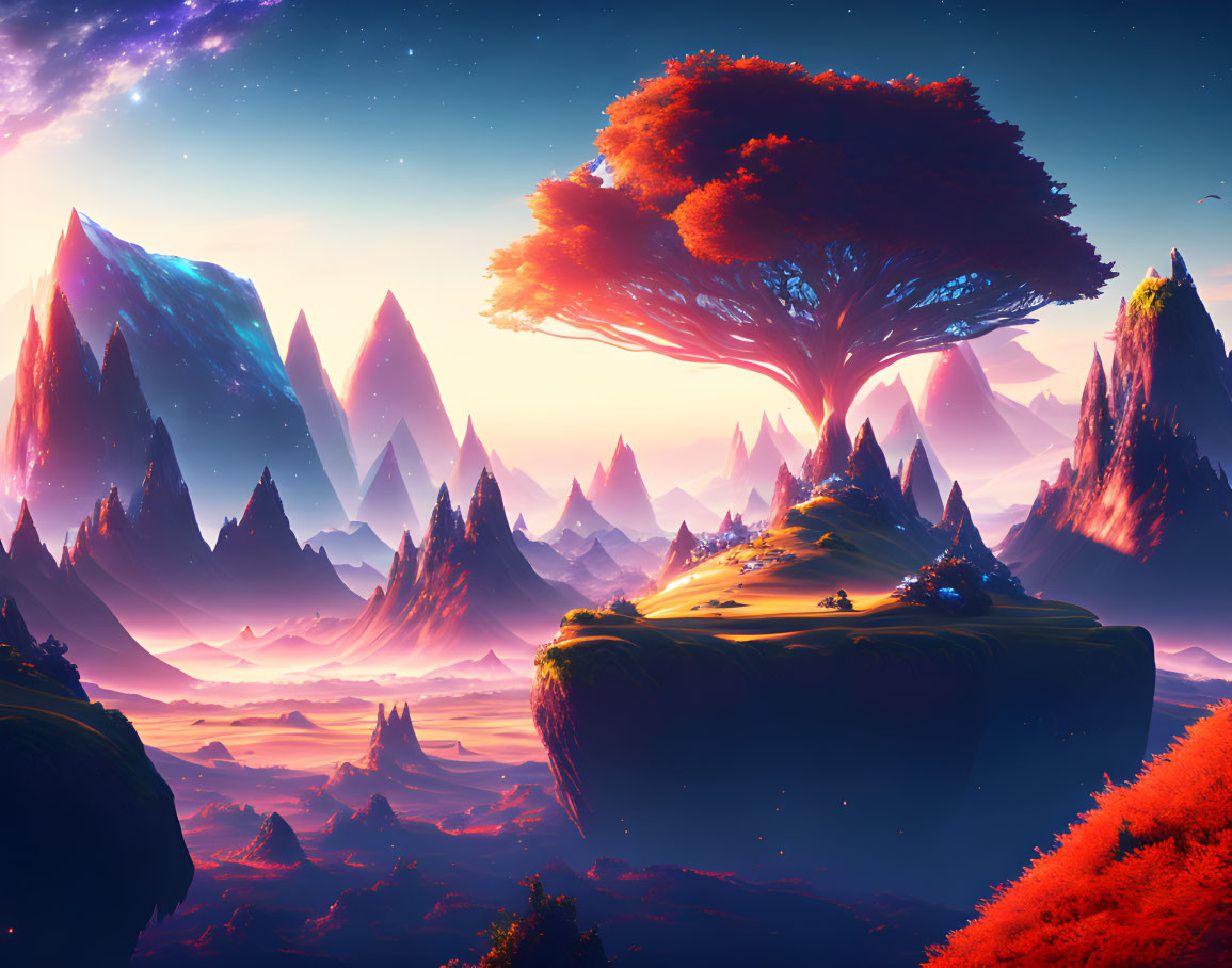 Mystical landscape with towering mountains and floating island tree