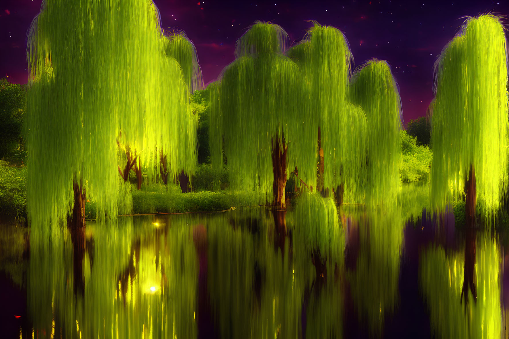 Tranquil nighttime scene with weeping willows, serene water, and starry sky