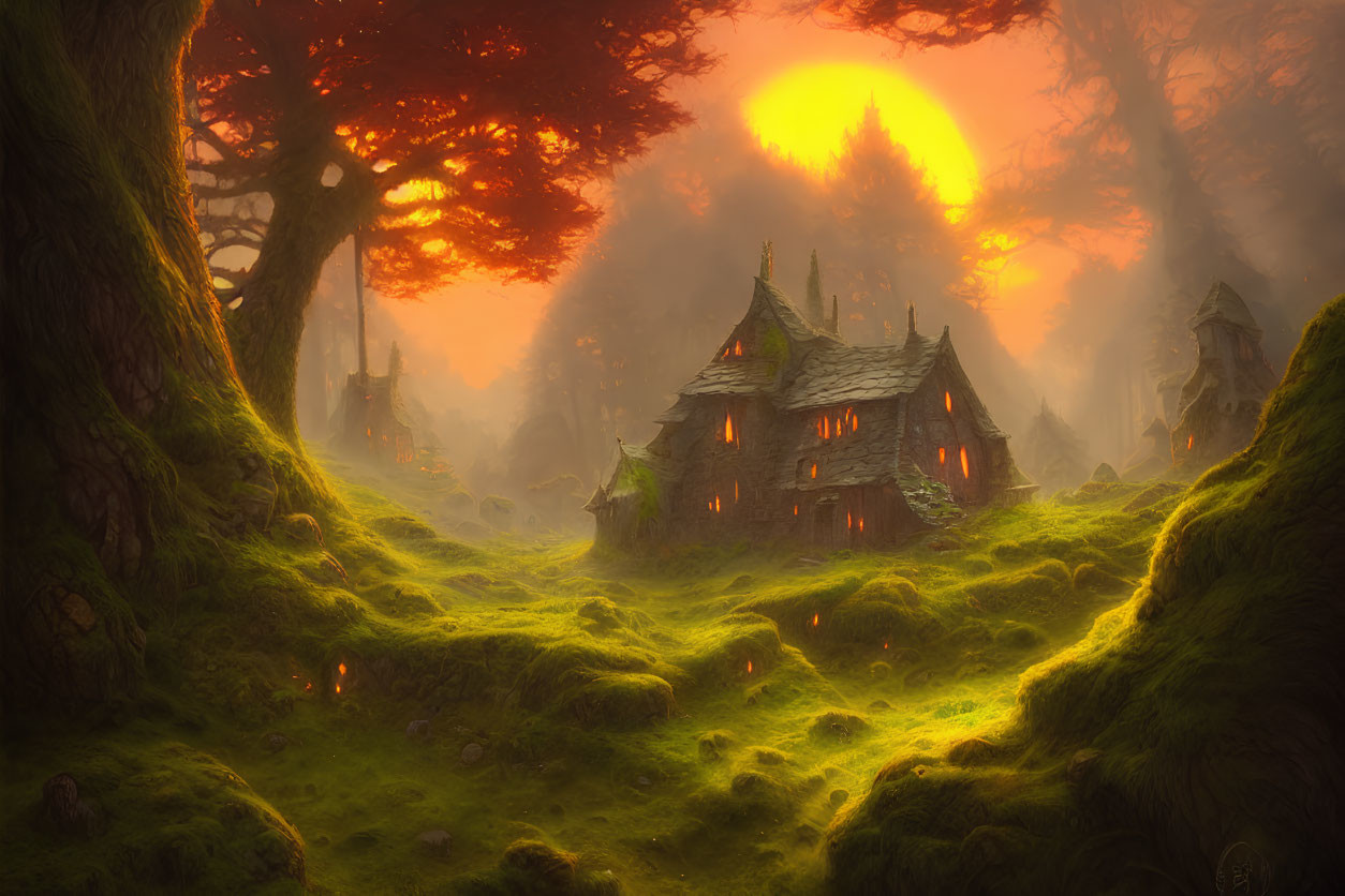 Mystical forest scene: sunset, ivy-covered house, ancient trees