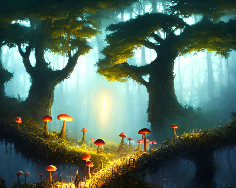 Enchanting forest scene with towering trees, glowing light, oversized mushrooms, and old bridge